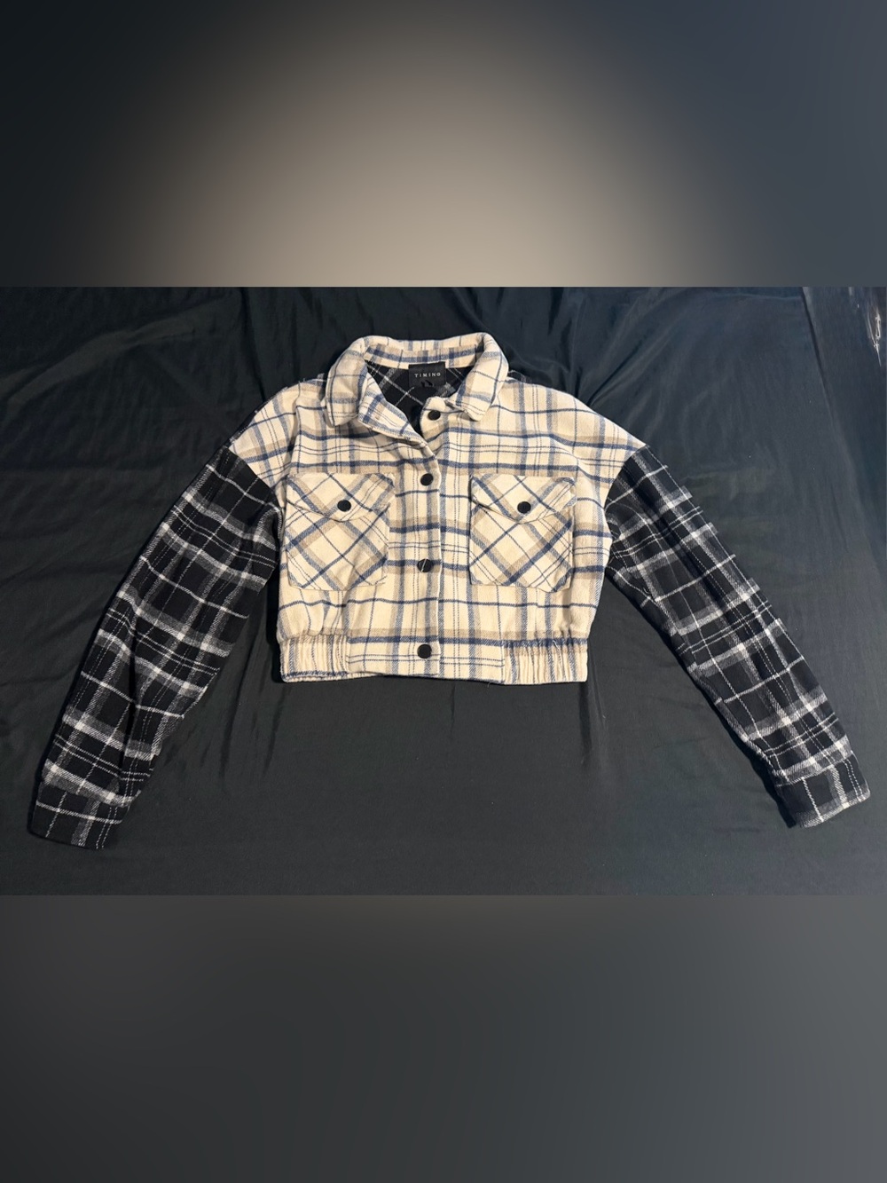 Timing Black & Cream Plaid Cropped Shacket Jacket